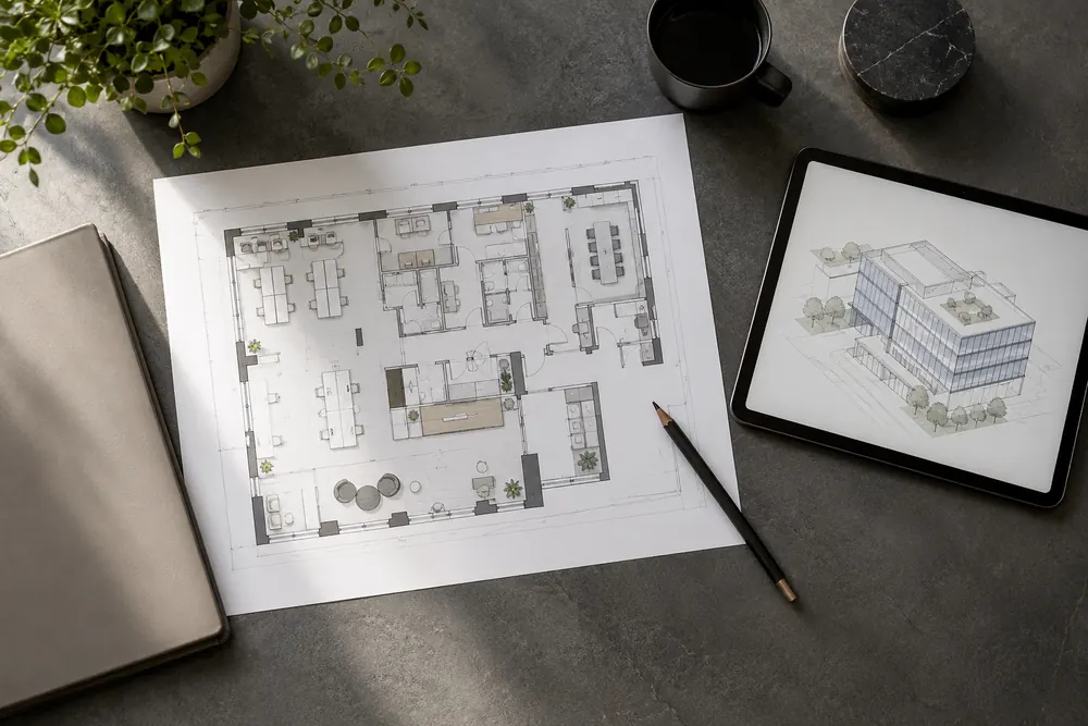Building plans and a tablet arranged for a commercial asbestos management review