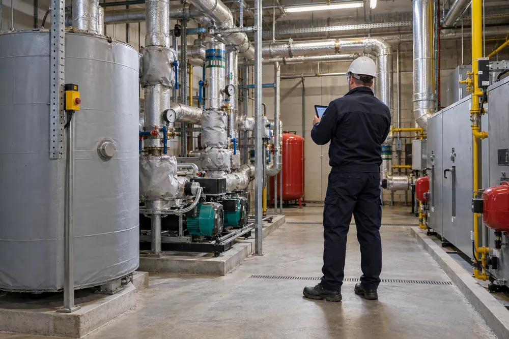 Surveyor visually checking a commercial plant room with a tablet