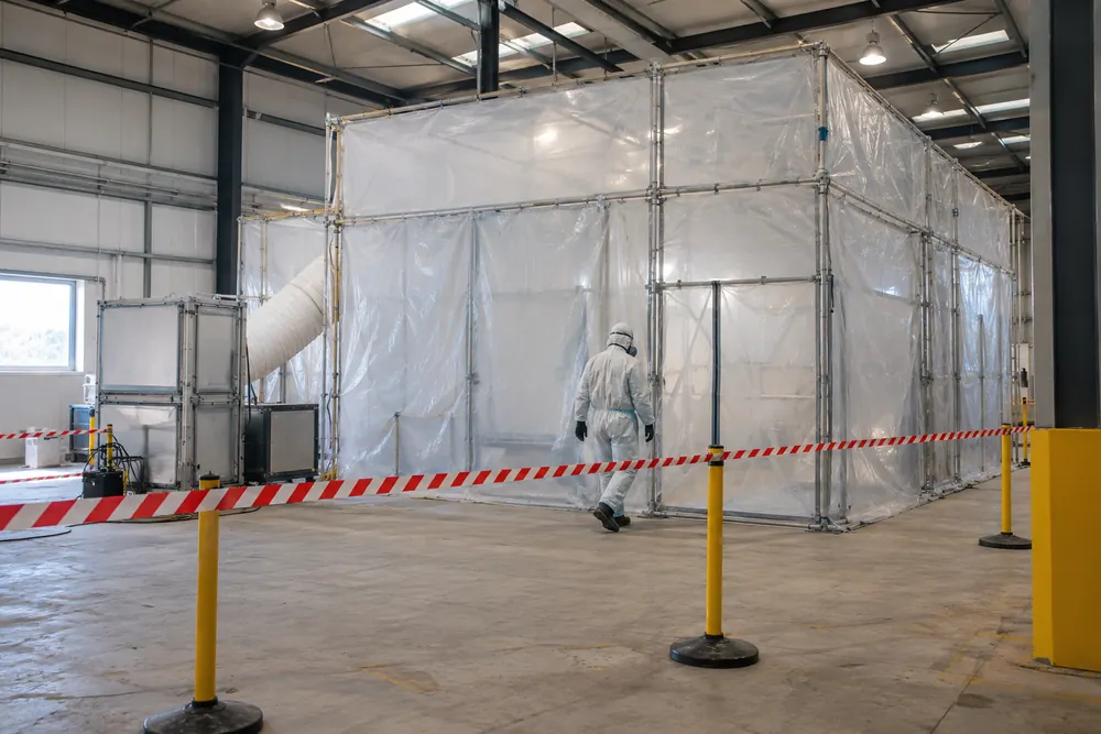Sealed work enclosure inside an industrial building with a protected worker beyond